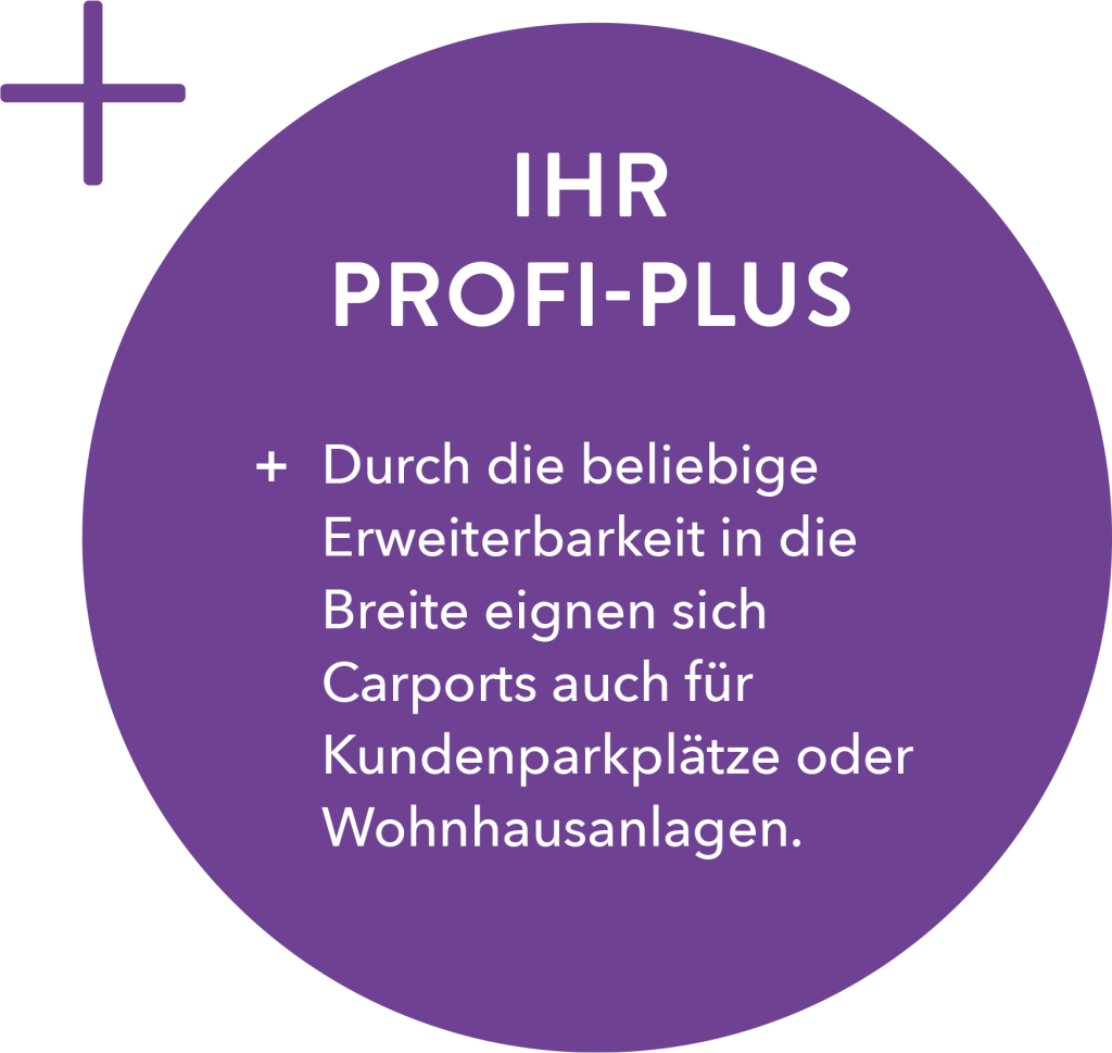 Sommer – Carports, IHR PROFI-PLUS: + Durch die beliebige Erweiterbarkeit in die Breite eignen sich Carports auch für Kundenparkplätze oder Wohnhausanlagen.