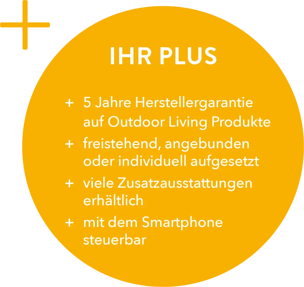 IHR PLUS: 5 Jahre Herstellergarantie auf Outdoor Living Produkte, freistehend, angebunden oder individuell aufgesetzt, viele Zusatzausstattungen erhältlich, mit dem Smartphone steuerbar