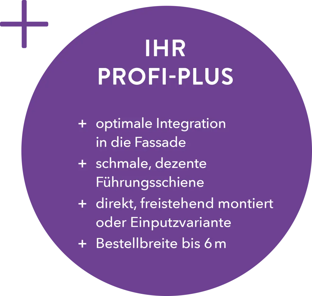 IHR PROFI-PLUS: optimale Integration in die Fassade, schmale, dezente Führungsschiene, direkt, freistehend montiert oder Einputzvariante, Bestellbreite bis 6m
