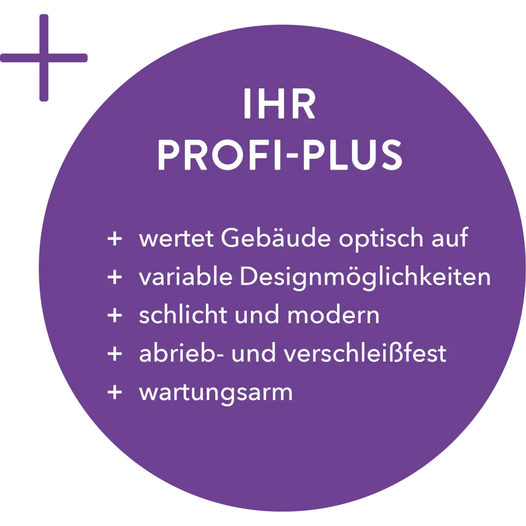 Sommer – Glasfassade, IHR PROFI-PLUS: + wertet Gebäude optisch auf, + variable Designmöglichkeiten, + schlicht und modern, + abrieb- und verschleißfest, + wartungsarm